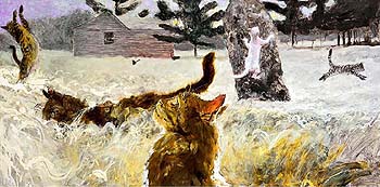 Birding – Fifth in a Suite of Untoward Occurrences on Monhegan Island- Jamie Wyeth print  cats, seascape